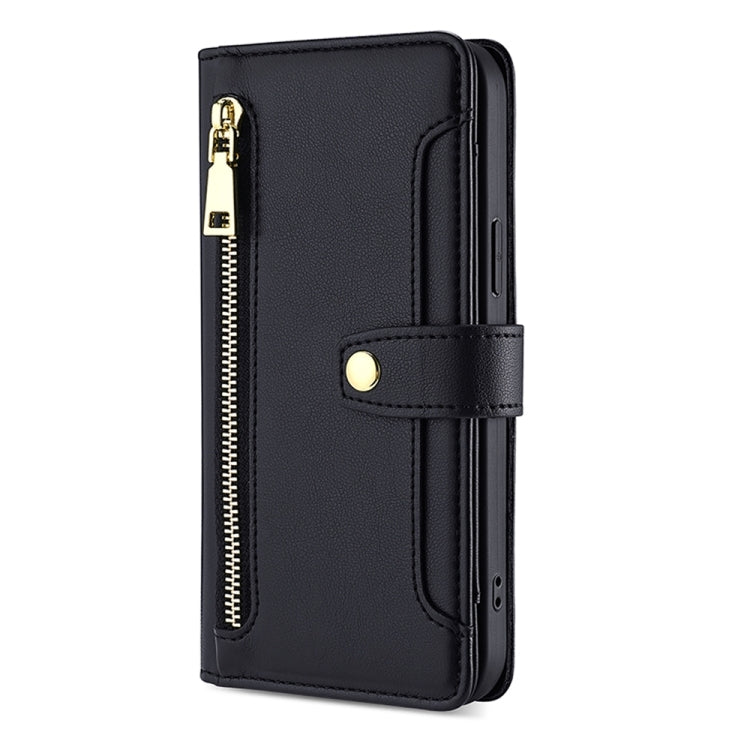 Black leather wallet phone case with side zipper and snap button front panel.