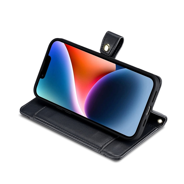 Black leather flip wallet phone case with cross-body strap and front kickstand flap.