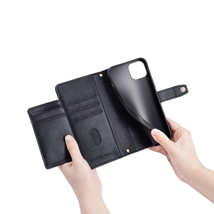 Black leather wallet phone case open view with card slots and phone back cover.