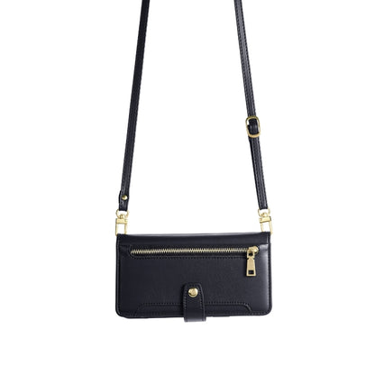 Black leather cross-body phone wallet with zipper pocket and adjustable shoulder strap.