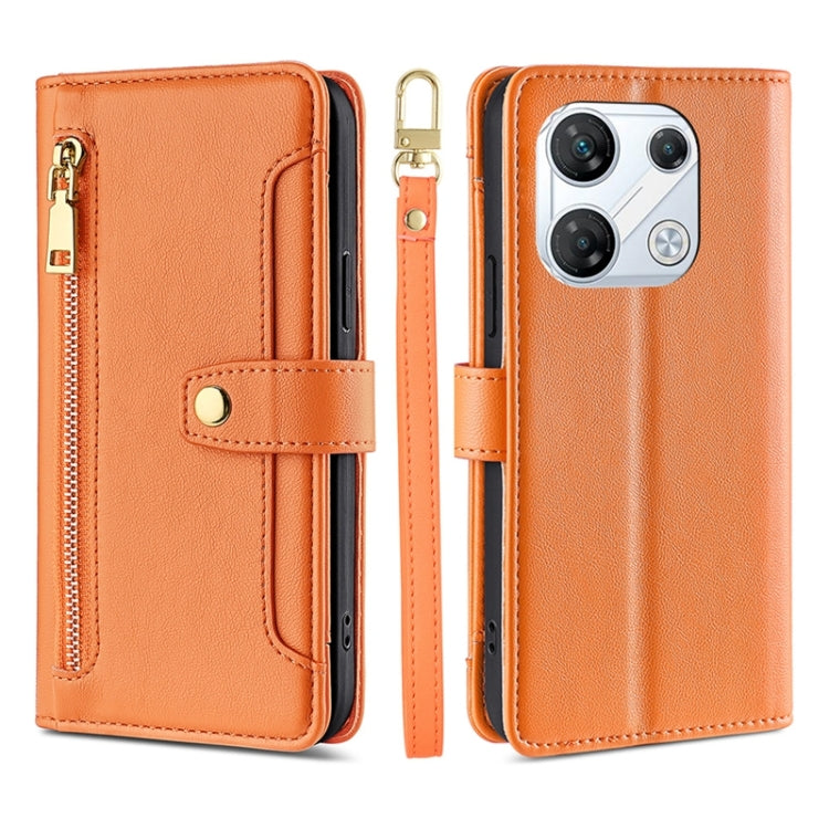 Orange leather cross-body zipper wallet phone case with card slots and gold hardware.