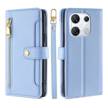 Light blue leather cross-body zipper wallet phone case with card slots and gold hardware.