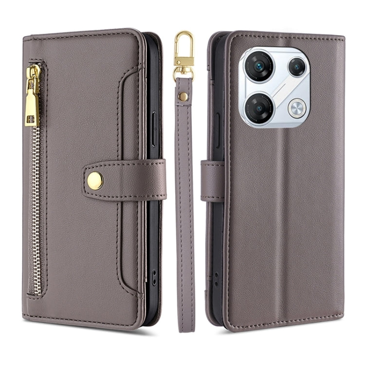 Grey leather cross-body zipper wallet phone case with card slots and camera cutout.