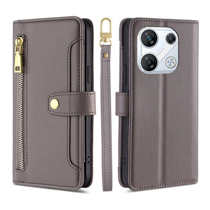 Grey leather cross-body zipper wallet phone case with card slots and camera cutout.