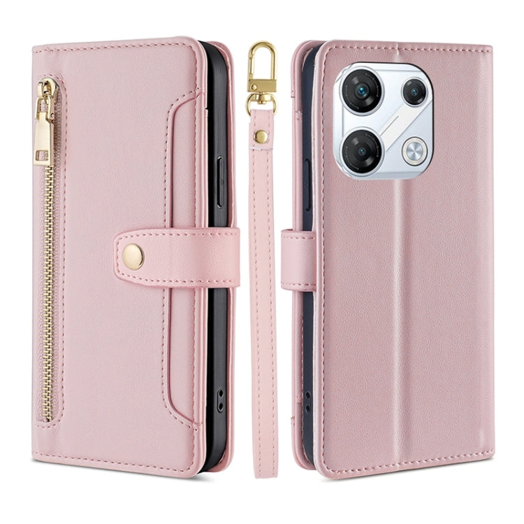 Pink zipper wallet phone case with cross-body strap and card slots