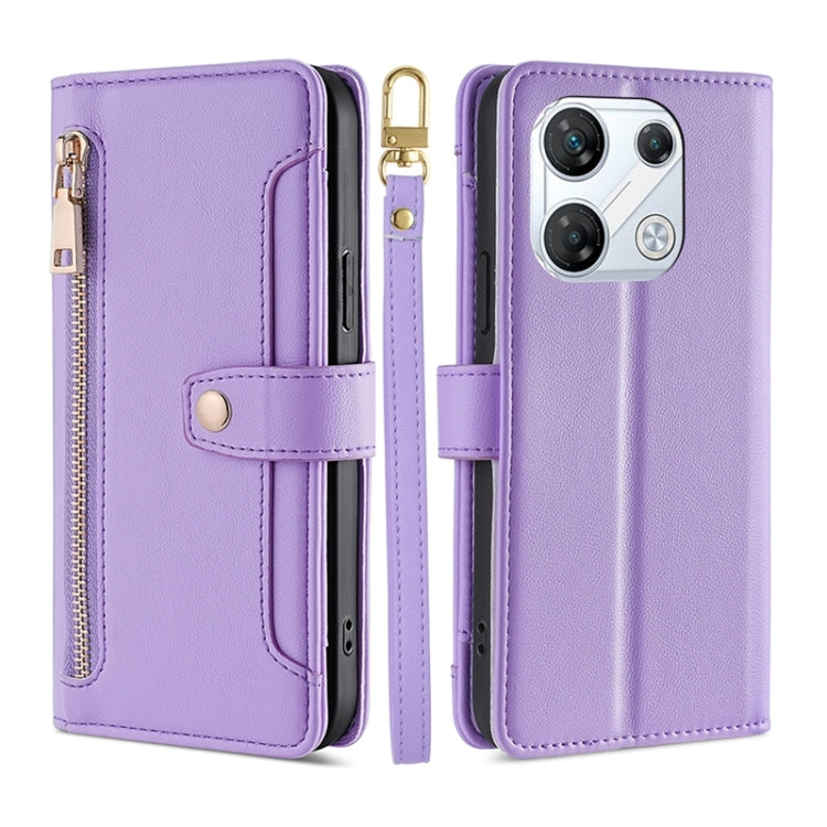 Purple zipper wallet phone case with cross-body strap and card slots