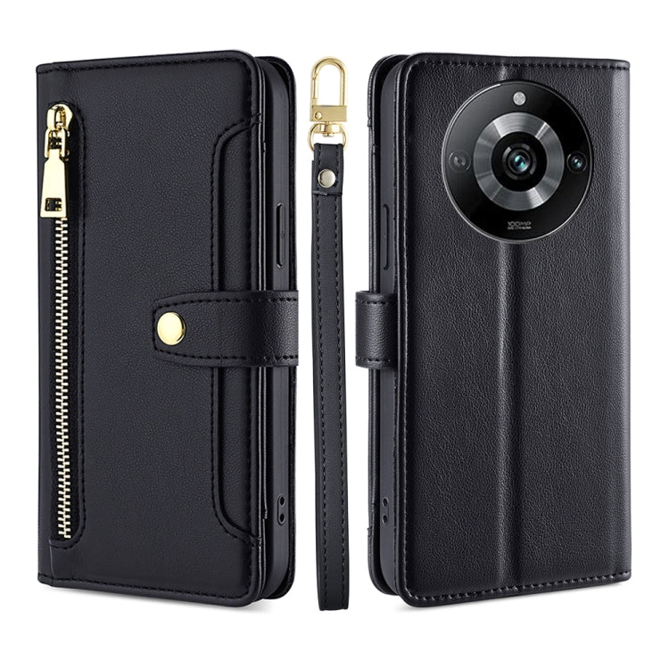 Black leather cross-body zipper phone wallet case with gold-tone hardware and strap loop