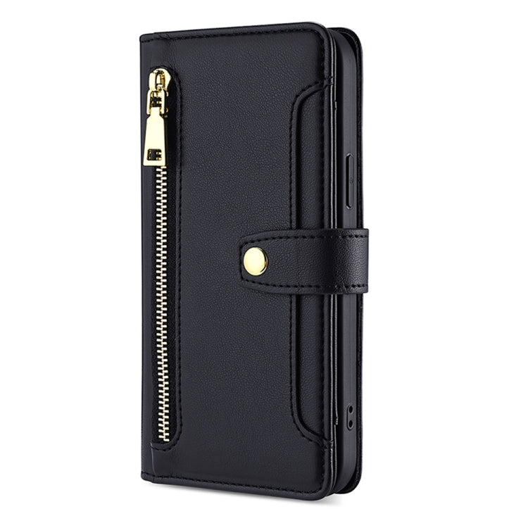 Black leather cross-body zipper phone wallet case, front view with gold-tone zipper pull
