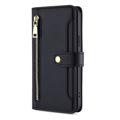 Black leather cross-body zipper phone wallet case, front view with gold-tone zipper pull