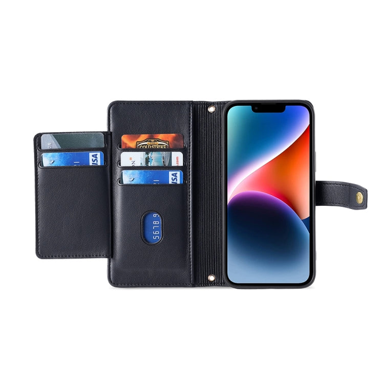 Black leather phone wallet case with card slots and front flap, cross-body style strap