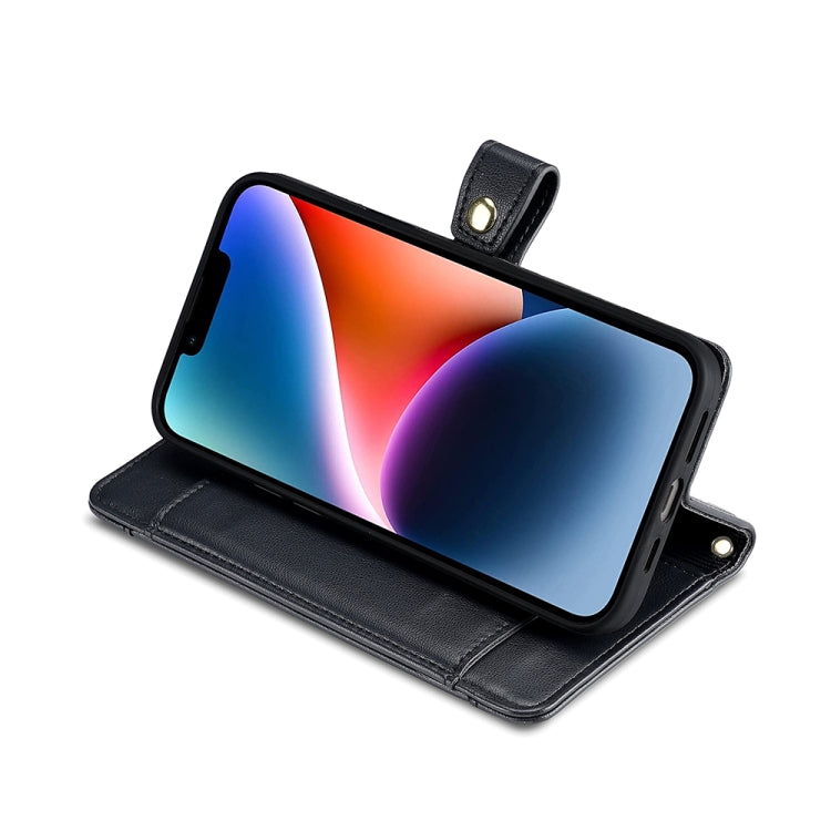 Black leather phone wallet case with flip cover, shown holding a smartphone