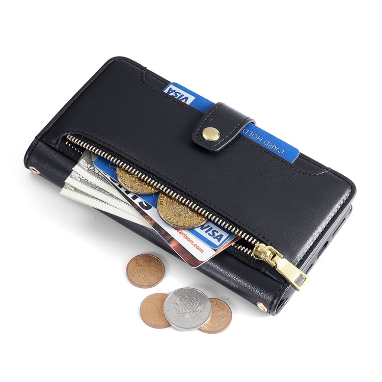 Black leather zipper phone wallet case with card slots and coins in the front pocket