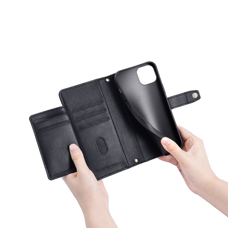 Black leather cross-body phone wallet case open, showing card slots and holder pocket