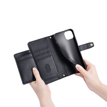 Black leather cross-body phone wallet case open, showing card slots and holder pocket