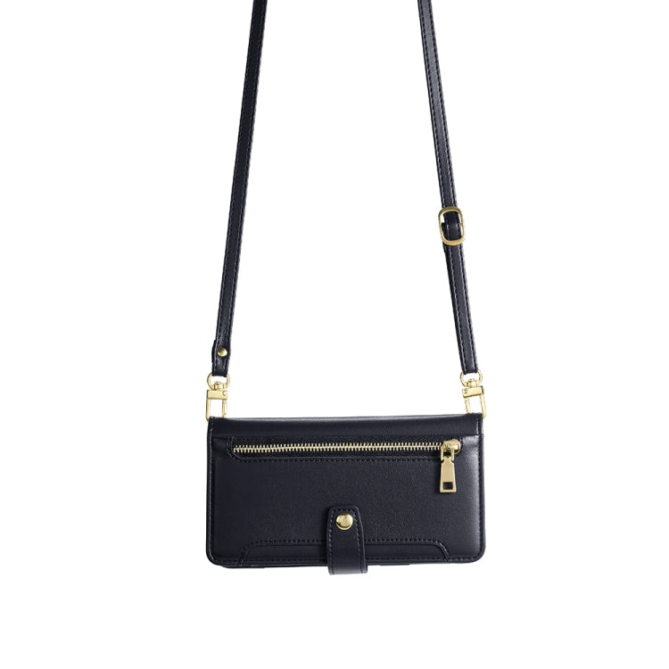 Black leather cross-body phone wallet case with long detachable strap and zipper front