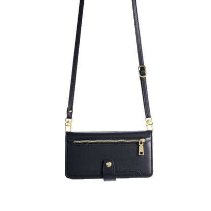 Black leather cross-body phone wallet case with long detachable strap and zipper front