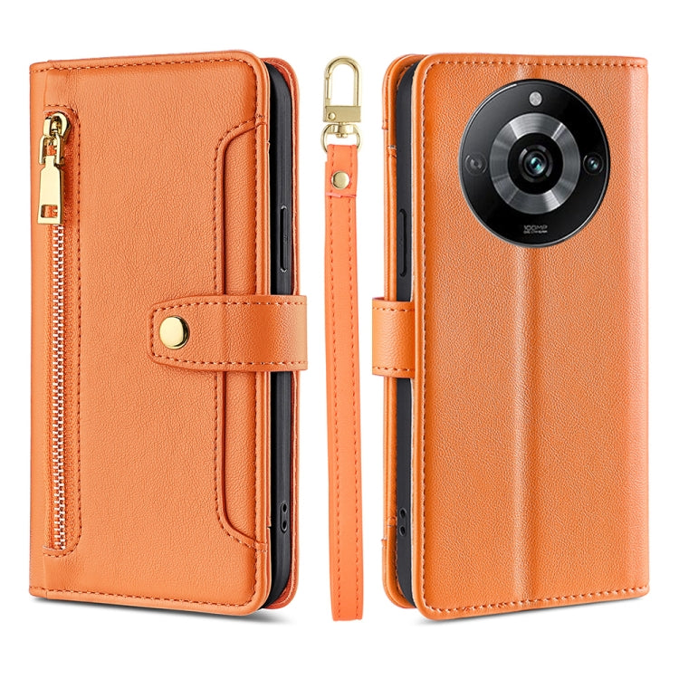 Orange leather cross-body zipper phone wallet case with gold-tone hardware and camera cutout