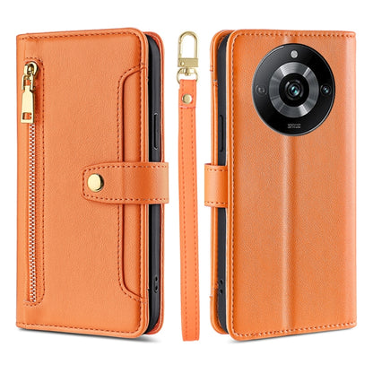 Orange leather cross-body zipper phone wallet case with gold-tone hardware and camera cutout