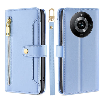 Blue leather cross-body zipper phone wallet case with gold-tone hardware and camera cutout