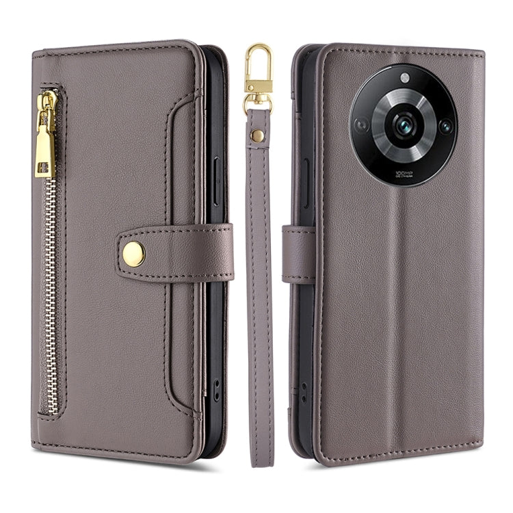 Grey leather cross-body zipper phone wallet case with gold-tone hardware and strap loop
