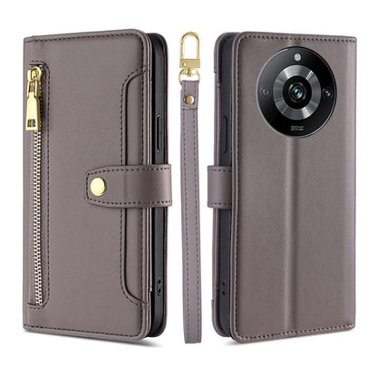 Grey leather cross-body zipper phone wallet case with gold-tone hardware and strap loop