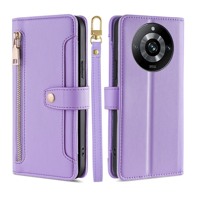 Purple cross-body zipper wallet phone case with front card slot and wrist strap.
