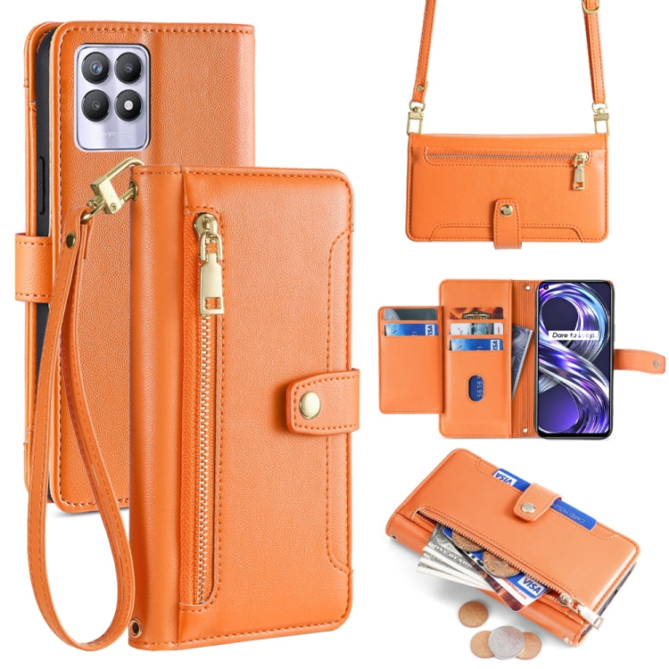 Orange leather cross-body zipper wallet phone case with card slots and magnetic clasp