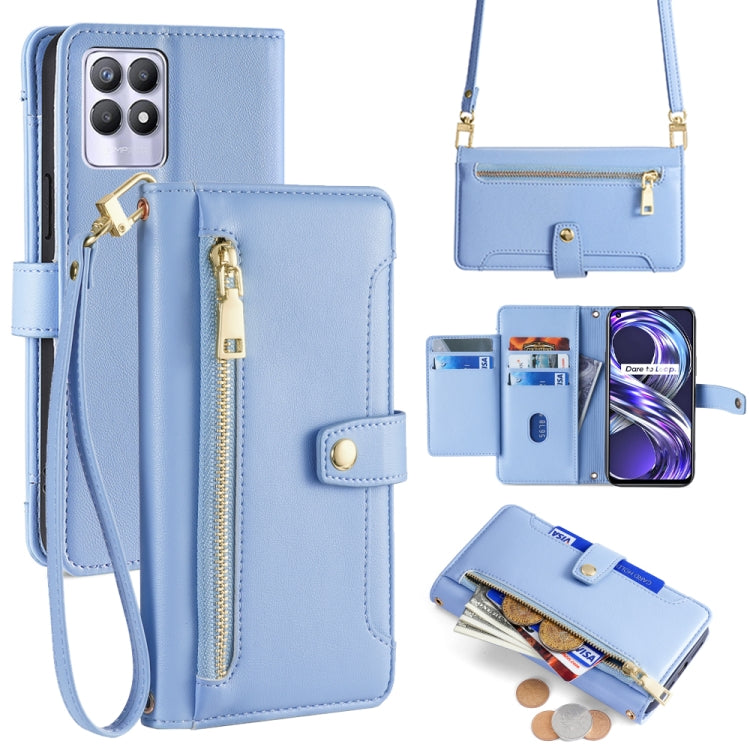Blue leather cross-body zipper wallet phone case with card slots and magnetic clasp