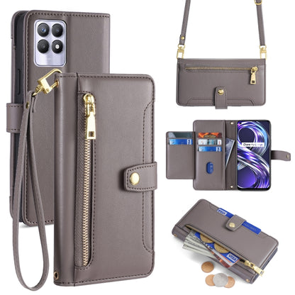 Grey leather cross-body zipper wallet phone case with card slots and magnetic clasp