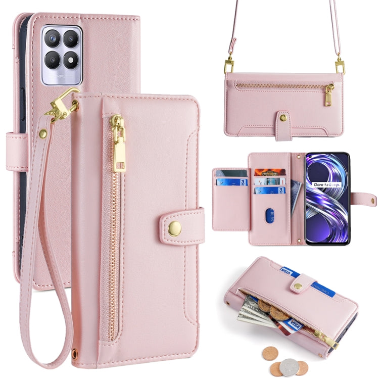 Pink leather cross-body zipper wallet phone case with card slots and magnetic clasp