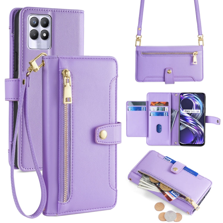 Purple leather cross-body zipper wallet phone case with card slots and magnetic clasp