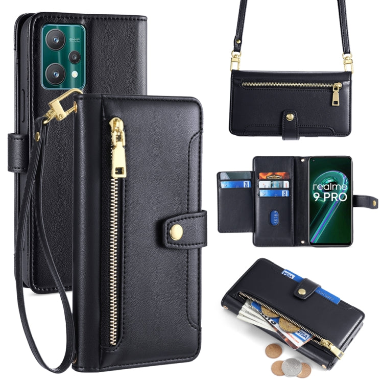 Black leather cross-body phone wallet with zip, card slots, and wrist strap