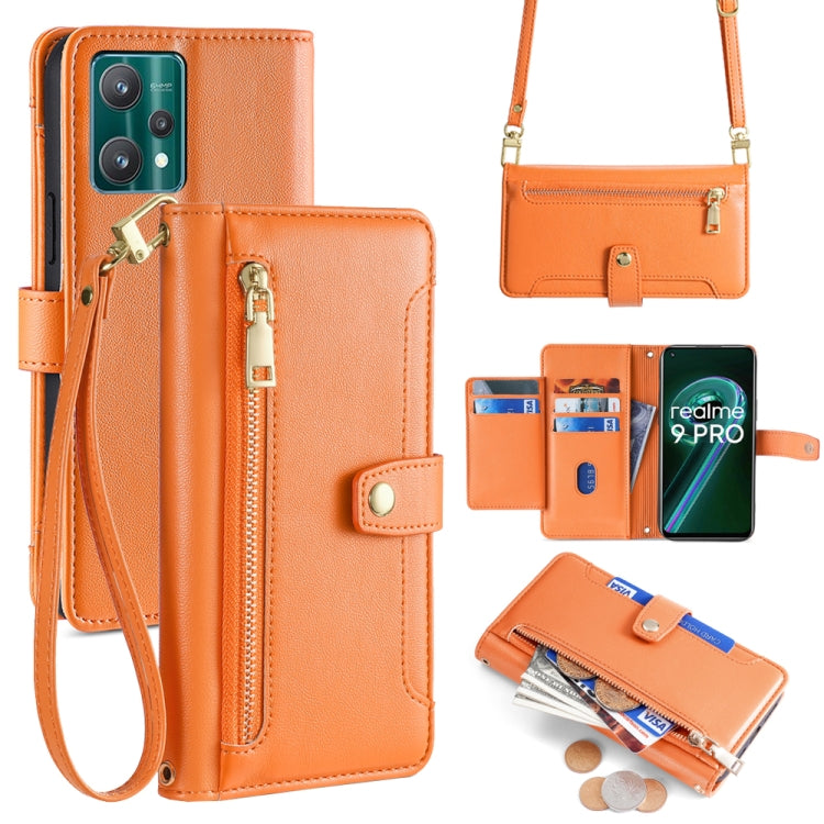 Orange leather cross-body phone wallet with zip, card slots, and snap closure