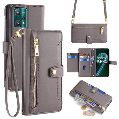 Gray leather cross-body phone wallet with zip, card slots, and removable wrist strap