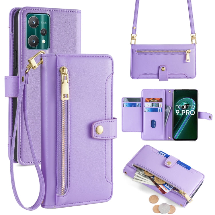 Purple leather phone wallet cross-body with zip pocket, card slots, and shoulder strap