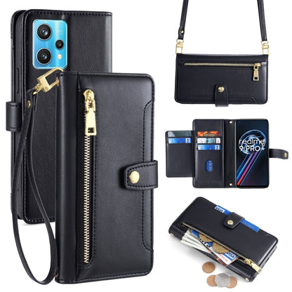 Black leather cross-body phone wallet with front zipper, card slots, and wrist strap