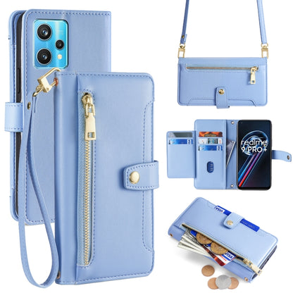 Light blue leather cross-body phone wallet with front zipper, card slots, and wrist strap