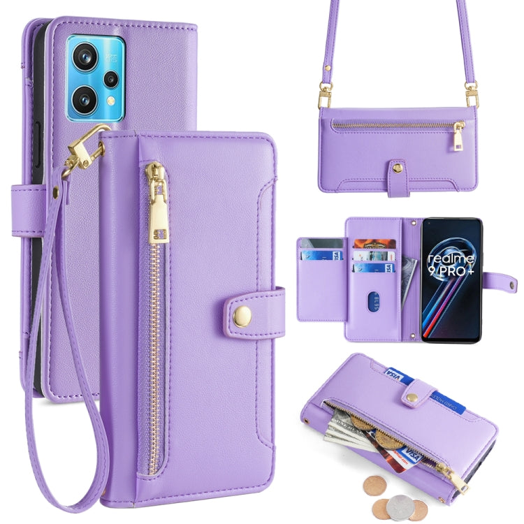 Purple leather cross-body phone wallet with front zipper, card slots, and wrist strap