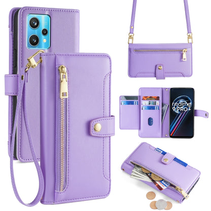 Purple leather cross-body phone wallet with front zipper, card slots, and wrist strap