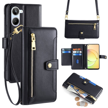 Black leather cross-body zipper wallet phone case with card slots and wrist strap