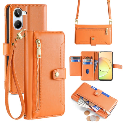 Orange leather cross-body zipper wallet phone case with card slots and wrist strap