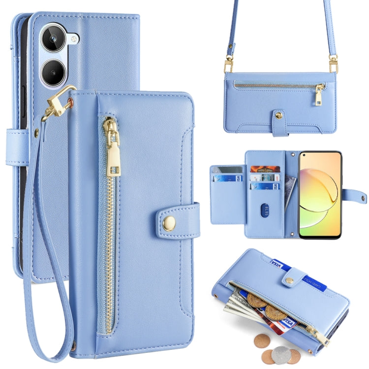 Blue leather cross-body zipper wallet phone case with card slots and wrist strap