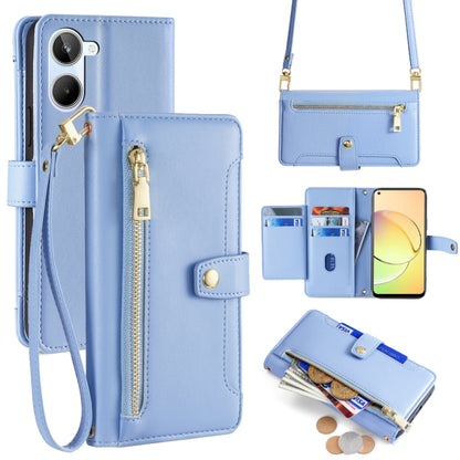 Blue leather cross-body zipper wallet phone case with card slots and wrist strap