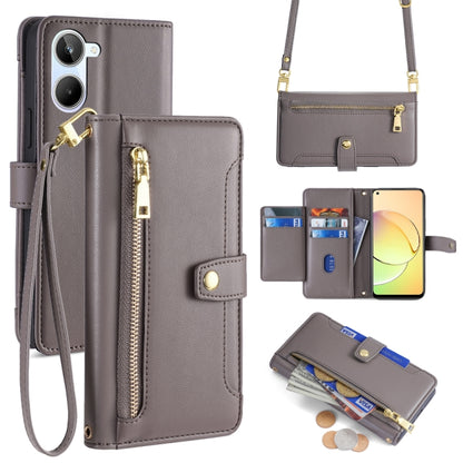 Grey leather cross-body zipper wallet phone case with card slots and wrist strap
