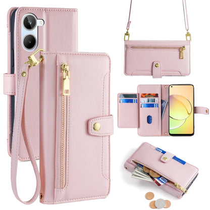 Pink leather cross-body zipper wallet phone case with card slots and wrist strap