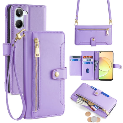 Purple leather cross-body zipper wallet phone case with card slots and wrist strap