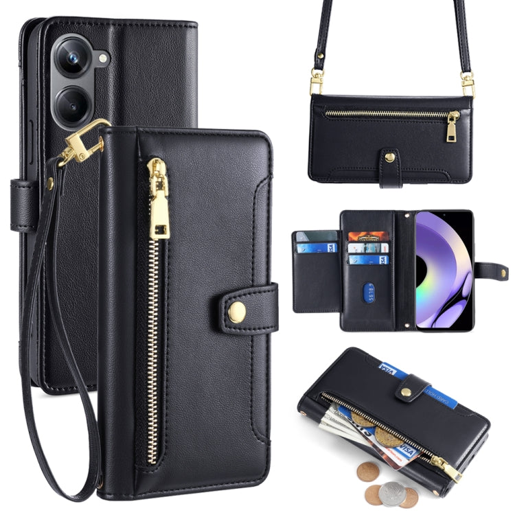Black cross-body zipper wallet phone case with long strap, card holders, and zipper pocket.