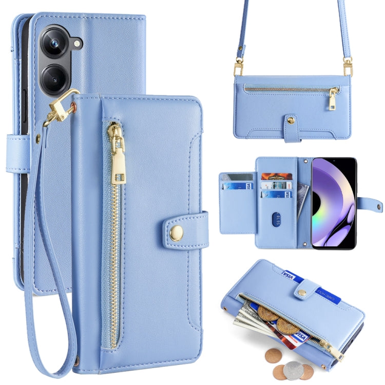 Light blue leather cross-body phone wallet case with zipper, card slots, gold clasp
