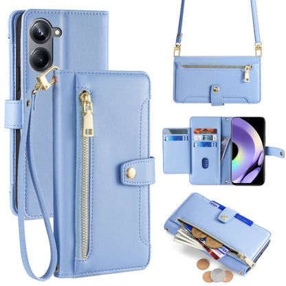 Light blue leather cross-body phone wallet case with zipper, card slots, gold clasp