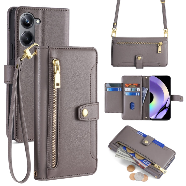 Grey leather cross-body phone wallet case with zipper, card slots, gold clasp